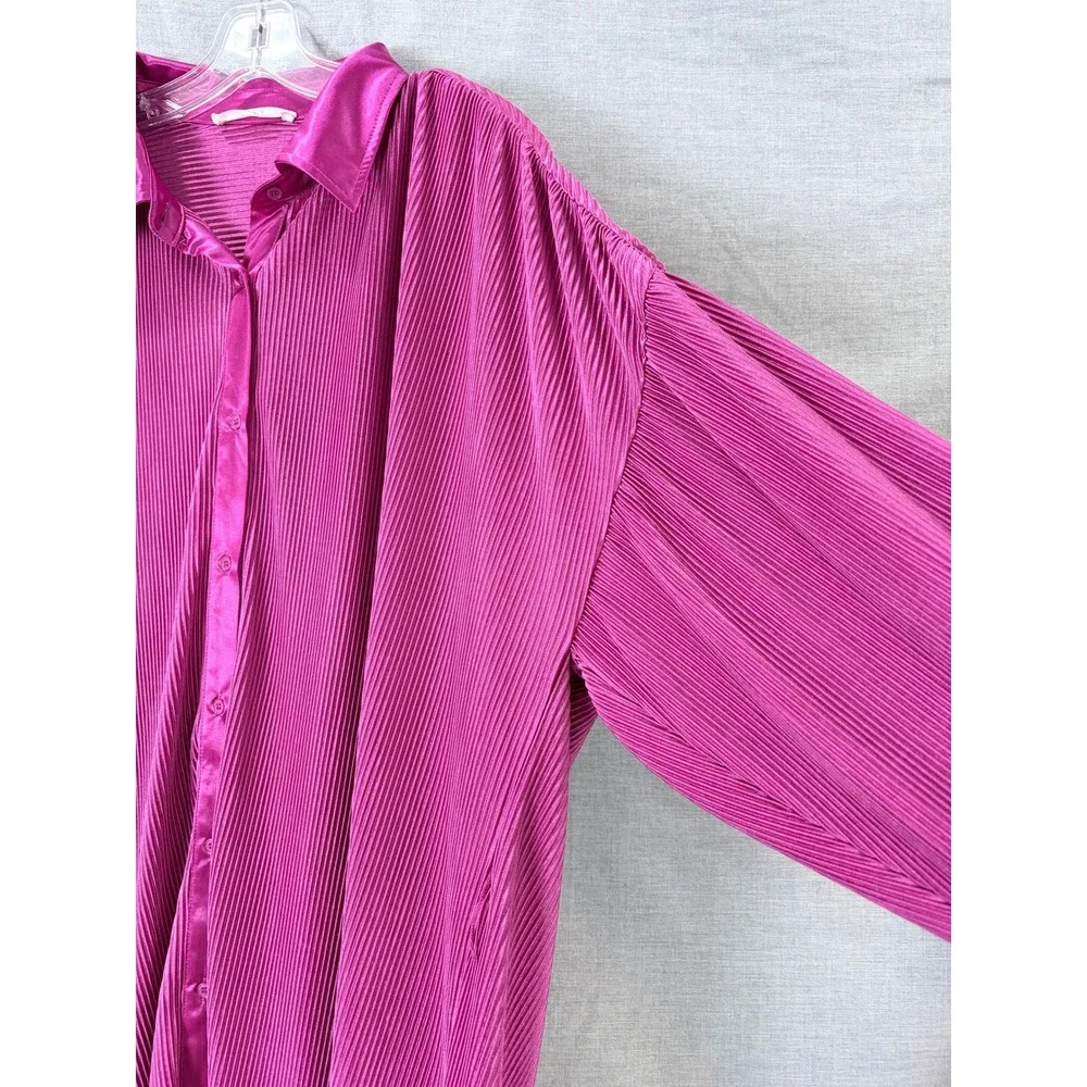 12th Tribe Magenta Pink‎ Plisse Pleated Shirt Dress Oversized Tunic L